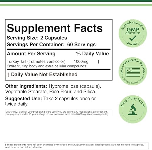Suplemento de Hongo Cola de Pavo (120 Cápsulas - Suministro para 2 Meses) (Coriolus Versicolor) Apoyo Integral al Sistema Inmunológico, No GMO, Sin - imagen 2