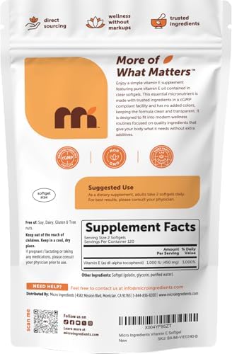 Micro Ingredients Vitamina E 1000 IU (450 mg) por Porción, 240 Softgels | Suplemento Diario de Vitamina E | Suministro para 4 Meses | Sin OGM, Libre - imagen 7