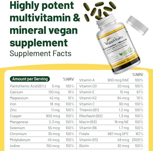 Multivitaminas y Minerales Veganas para Hombres y Mujeres con Alta Potencia de Vitamina B12, D3 y K2 - 180 Tabletas Veganas, Suministro para 6 Meses. - imagen 6