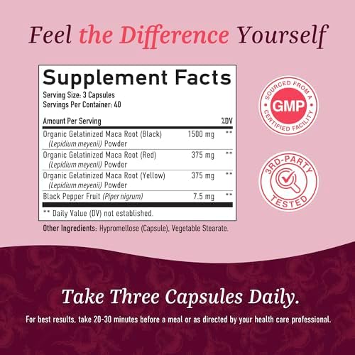 Cápsulas de Raíz de Maca Orgánica para Mujeres | Maca Peruana 2250MG Extra Fuerte | Polvo de Raíz Roja, Negra y Amarilla con Pimienta Negra | - imagen 6