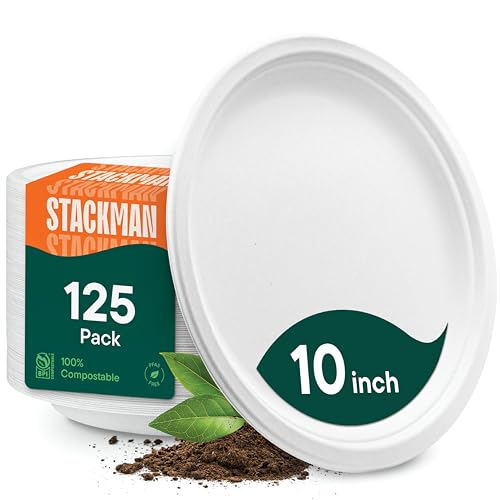 Platos Desechables de Papel 100% Compostables [Paquete de 125] - (Sin PFAS) - Platos de Bagazo Biodegradables de 10 Pulgadas - Color Marrón Natural - imagen 2
