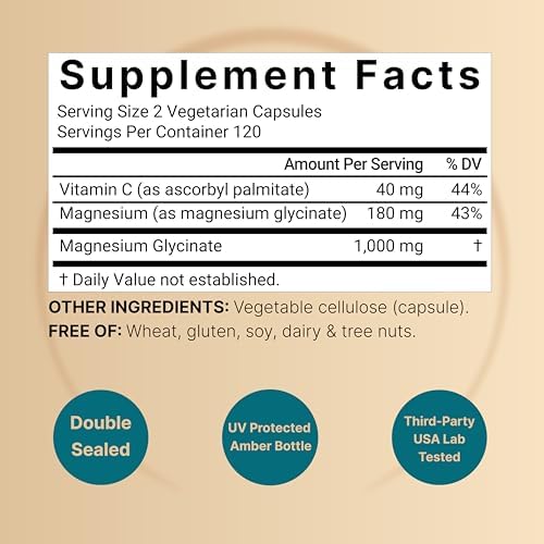 NatureBell Magnesio Glicinato Puro 1,000 mg, 240 Cápsulas Vegetarianas | Magnesio Glicinato Chelado con Vitamina C – Sin OGM, Sin Rellenos, Fabricado - imagen 2