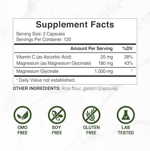 Glicinato de Magnesio 500mg por Cápsula (1000mg por Porción) con Vitamina C, 240 Cápsulas – 100% Quelado para Fácil Absorción – Suplemento Mineral - imagen 2