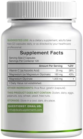 Glicinato de Magnesio 500mg por Cápsula (1000mg por Porción) con Vitamina C, 240 Cápsulas – 100% Quelado para Fácil Absorción – Suplemento Mineral - imagen 6