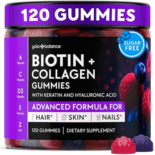 Gomitas de Biotina YOLOBALANCE 10000mcg para el Crecimiento del Cabello - Sin Azúcar, Colágeno Múltiple con Queratina, Sílice y Ácido Hialurónico - - imagen 1
