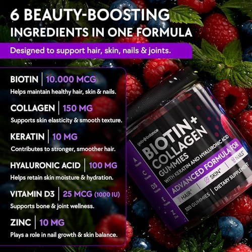 Gomitas de Biotina YOLOBALANCE 10000mcg para el Crecimiento del Cabello - Sin Azúcar, Colágeno Múltiple con Queratina, Sílice y Ácido Hialurónico - - imagen 3