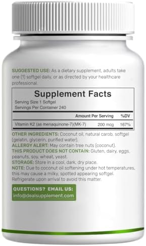SUPLEMENTO DEAL Vitamina K2 MK-7 200mcg por Porción, 240 Softgels de Aceite de Coco | Menaquinona-7 de Fácil Absorción | Soporte para Huesos, - imagen 5
