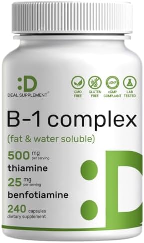 SUPLEMENTO DEAL Vitamina B1 500mg con Benfotiamina, 240 Cápsulas – Fórmula Mejorada 2 en 1 – Suplemento de Tiamina B1 Soluble en Grasa y Agua – Sin - imagen 1