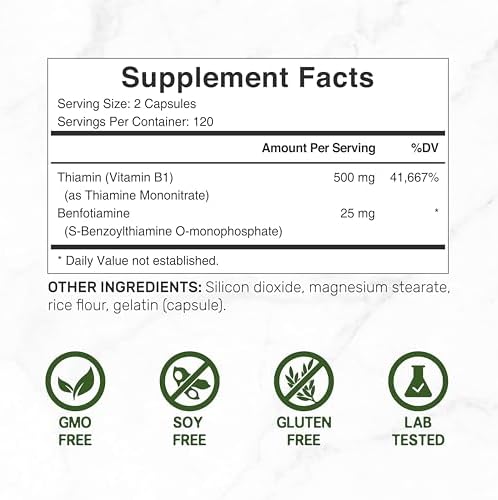 SUPLEMENTO DEAL Vitamina B1 500mg con Benfotiamina, 240 Cápsulas – Fórmula Mejorada 2 en 1 – Suplemento de Tiamina B1 Soluble en Grasa y Agua – Sin - imagen 2