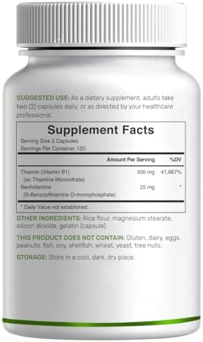 SUPLEMENTO DEAL Vitamina B1 500mg con Benfotiamina, 240 Cápsulas – Fórmula Mejorada 2 en 1 – Suplemento de Tiamina B1 Soluble en Grasa y Agua – Sin - imagen 6