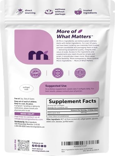 Ácido Lipoico Alfa Micro Ingredients 600mg por Porción, 300 Cápsulas Blandas | Suplemento ALA | Con Aceite MCT | Sin OGM, Sin Gluten, Sin Soja - imagen 8