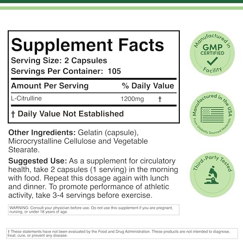 Cápsulas de L Citrulina - Pureza 99% Probada - 1,200mg por Porción (Aumentador de Óxido Nítrico) para Recuperación Muscular y Volumen, 210 Contenidos - imagen 2