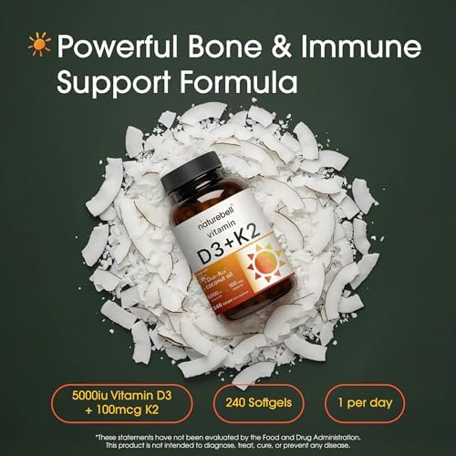 NatureBell Vitamina D3 K2-240 Softgels - 5,000 UI de Vitamina D3 y 100 mcg de Vitamina K2 MK-7 con Aceite de Coco - Soporte para Huesos, Corazón e - imagen 2