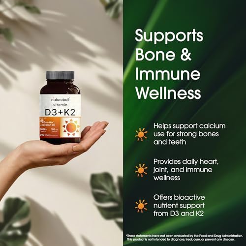 NatureBell Vitamina D3 K2-240 Softgels - 5,000 UI de Vitamina D3 y 100 mcg de Vitamina K2 MK-7 con Aceite de Coco - Soporte para Huesos, Corazón e - imagen 4