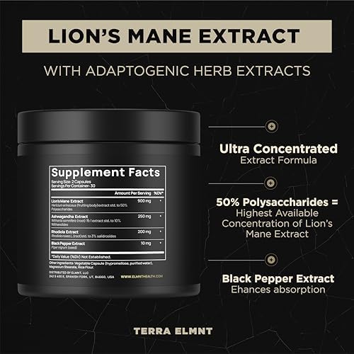 Cápsulas de Suplemento de Melena de León 16x con Ashwagandha y Rhodiola - Extracto de Hongo Melena de León 16:1, 50% Polisacáridos para Memoria y - imagen 5