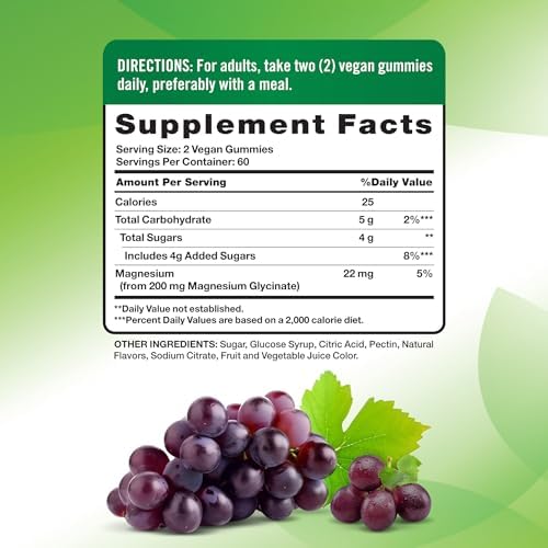 Gomitas de Magnesio Glicinato para Adultos Nature's Truth | 200mg | 120 Unidades | Sabor Uva | Veganas, Sin OGM y Sin Gluten - imagen 2