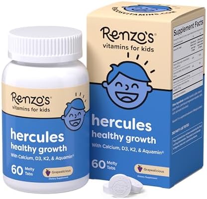 Suplemento de Calcio Renzo's Hercules para el Crecimiento Saludable con Vitamina D3, K2 y Aquamin - Vitaminas para Niños de 2 Años en Adelante, 60 - imagen 1