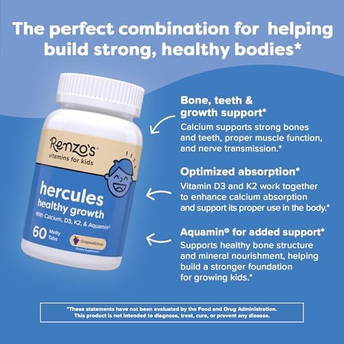 Suplemento de Calcio Renzo's Hercules para el Crecimiento Saludable con Vitamina D3, K2 y Aquamin - Vitaminas para Niños de 2 Años en Adelante, 60 - imagen 3