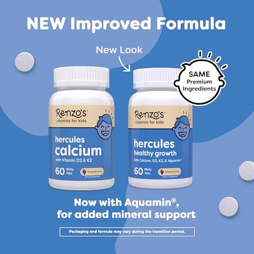 Suplemento de Calcio Renzo's Hercules para el Crecimiento Saludable con Vitamina D3, K2 y Aquamin - Vitaminas para Niños de 2 Años en Adelante, 60 - imagen 4
