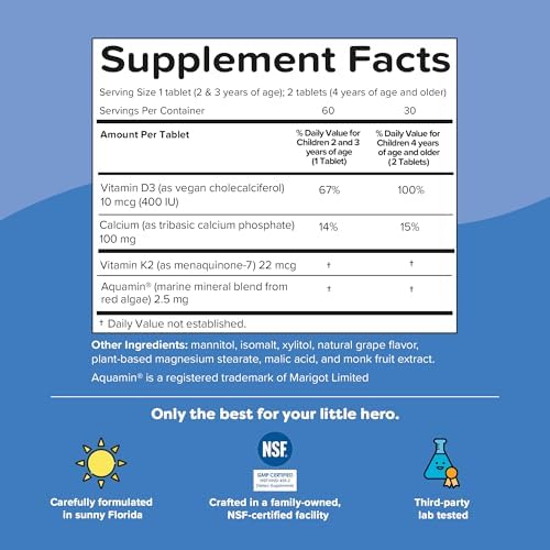 Suplemento de Calcio Renzo's Hercules para el Crecimiento Saludable con Vitamina D3, K2 y Aquamin - Vitaminas para Niños de 2 Años en Adelante, 60 - imagen 7