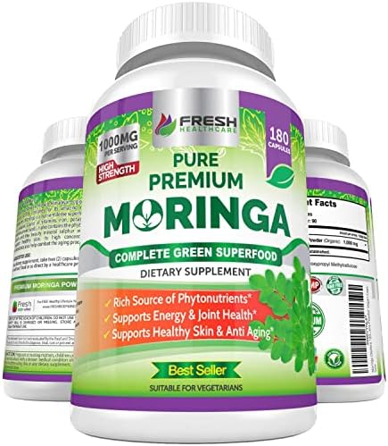 Cápsulas de Moringa FRESH HEALTHCARE – 100% Polvo de Hoja Pura - 180 Píldoras, No GMO - Suministro para 3 Meses - Superalimento Verde Completo para - imagen 1