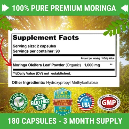 Cápsulas de Moringa FRESH HEALTHCARE – 100% Polvo de Hoja Pura - 180 Píldoras, No GMO - Suministro para 3 Meses - Superalimento Verde Completo para - imagen 3