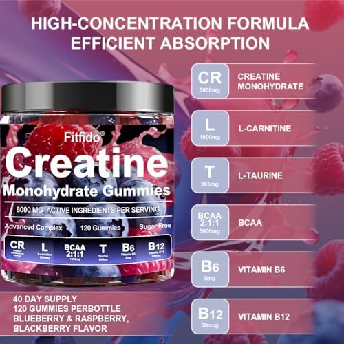Gomitas de Creatina Monohidratada 5000mg para Hombres y Mujeres, con L-Carnitina y Taurina, Aumenta Masa Muscular, Energía y Recuperación, Sin Azúcar - imagen 2