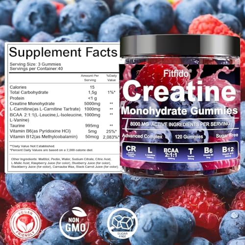 Gomitas de Creatina Monohidratada 5000mg para Hombres y Mujeres, con L-Carnitina y Taurina, Aumenta Masa Muscular, Energía y Recuperación, Sin Azúcar - imagen 5