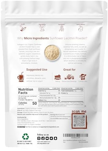 Polvo de Lecitina de Girasol Orgánica, 1 Libra, Cultivo Sostenible, Prensado en Frío, Rico en Fosfatidilcolina y Proteínas, Suplemento para - imagen 2