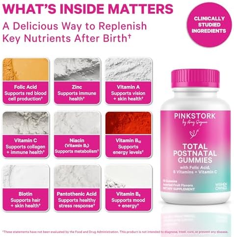 Gomitas Vitaminas Postnatales Pink Stork - Multivitamínico para Recuperación y Lactancia - Ácido Fólico, B6 y Vitamina C - 60 Gomitas - imagen 2