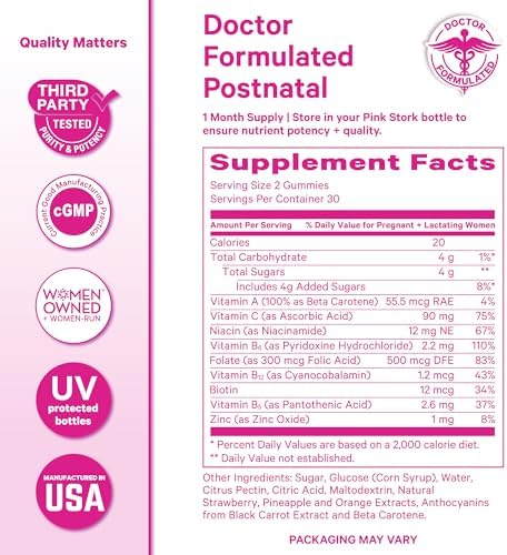Gomitas Vitaminas Postnatales Pink Stork - Multivitamínico para Recuperación y Lactancia - Ácido Fólico, B6 y Vitamina C - 60 Gomitas - imagen 6