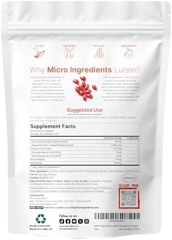 Micro Ingredients Luteína y Zeaxantina 40mg en Softgels, 240 Cápsulas, con Astaxantina, Omega-3 y Fosfolípidos | Vitaminas para la Salud Visual | Sin - imagen 2