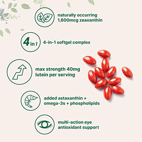 Micro Ingredients Luteína y Zeaxantina 40mg en Softgels, 240 Cápsulas, con Astaxantina, Omega-3 y Fosfolípidos | Vitaminas para la Salud Visual | Sin - imagen 3