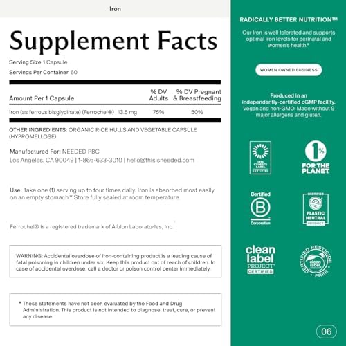 Needed. Suplemento de Hierro Prenatal - Embarazo, Lactancia, Postparto - Aumenta Energía, Peso al Nacer y Desarrollo Neural del Bebé - Suave para el - imagen 2