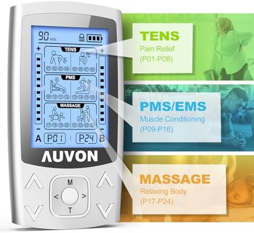 Unidad TENS EMS de Doble Canal AUVON, Estimulador Muscular Recargable con 24 Modos, 12 Electrodos, Soporte de ABS, Cable USB y Bolsa de - imagen 3