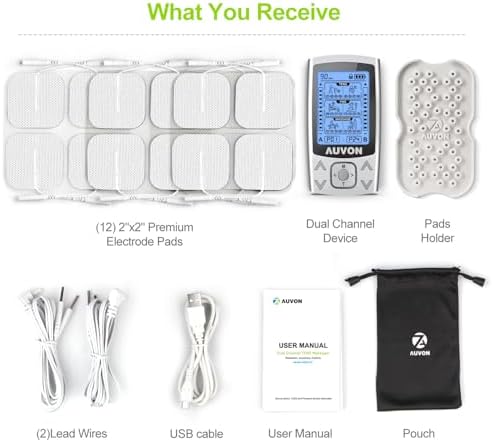 Unidad TENS EMS de Doble Canal AUVON, Estimulador Muscular Recargable con 24 Modos, 12 Electrodos, Soporte de ABS, Cable USB y Bolsa de - imagen 7