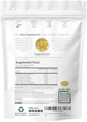 Micro Ingredients Omega 3 Vegano de Algas, 240 Cápsulas Vegetales | Alternativa al Aceite de Pescado | DHA 500mg & DPA 100mg | Sin Carragenina | - imagen 2