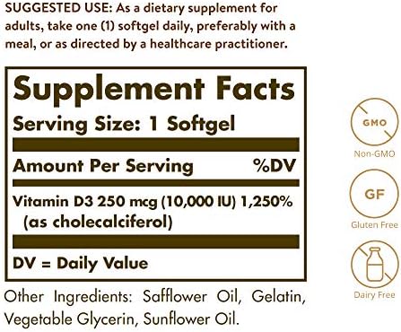 Solgar Vitamina D3 Cholecalciferol 250 MCG 10000 IU Softgels, 180 Cápsulas, Apoya Huesos, Dientes y Sistema Inmunológico, Sin GMO, Sin Gluten ni - imagen 2