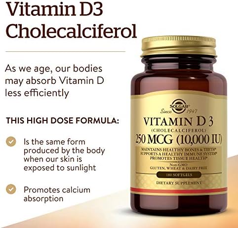 Solgar Vitamina D3 Cholecalciferol 250 MCG 10000 IU Softgels, 180 Cápsulas, Apoya Huesos, Dientes y Sistema Inmunológico, Sin GMO, Sin Gluten ni - imagen 3