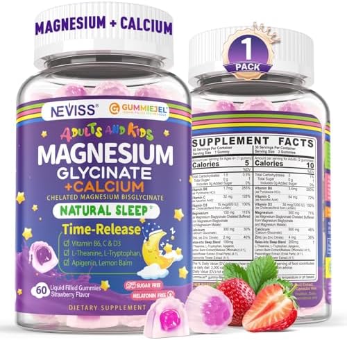 Gomitas de Magnesio y Calcio Neviss para Adultos y Niños 4+, Sin Melatonina, Sin Azúcar, Suplemento con B6 D3 y L-Teanina para Relajación y Sueño - imagen 1