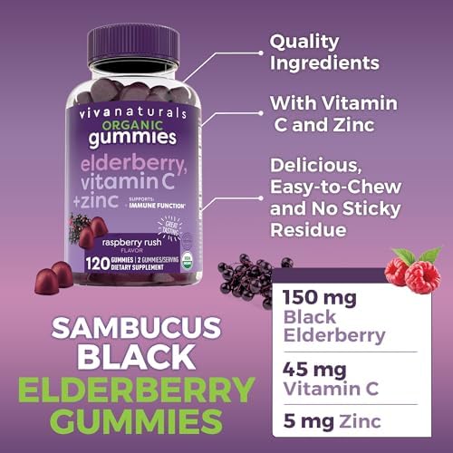 Gomitas de Sambuco con Vitamina C y Zinc para el Sistema Inmunológico, 150mg de Saúco por Porción, Sabor Frambuesa, Orgánicas, No Transgénicas, 120 - imagen 3