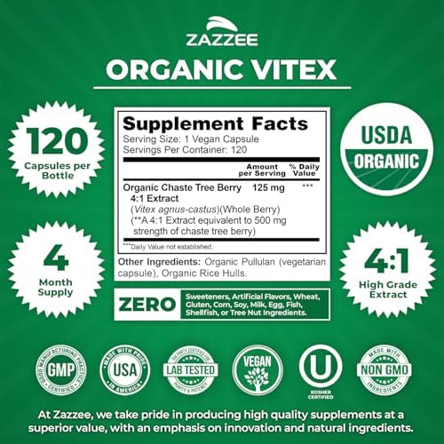 Zazzee Extracto de Vitex Orgánico USDA 4:1, 120 Cápsulas Veganas, Suministro para 4 Meses, Apoyo Hormonal y del Ciclo para Mujeres, Kosher, No GMO, - imagen 3