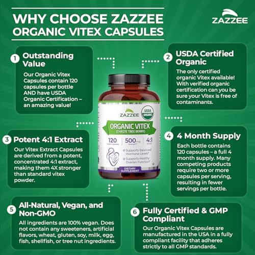 Zazzee Extracto de Vitex Orgánico USDA 4:1, 120 Cápsulas Veganas, Suministro para 4 Meses, Apoyo Hormonal y del Ciclo para Mujeres, Kosher, No GMO, - imagen 6