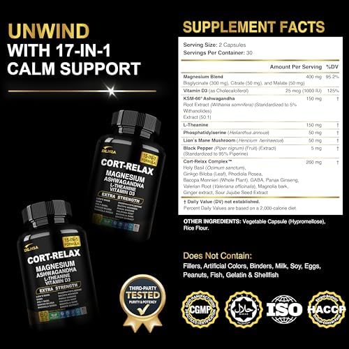 Suplemento DLNIA Super Calm con Magnesio Glicinato, Ashwagandha KSM-66, L-Theanina, Fosfatidilserina, Ginkgo Biloba y Melena de León para Calma, - imagen 2