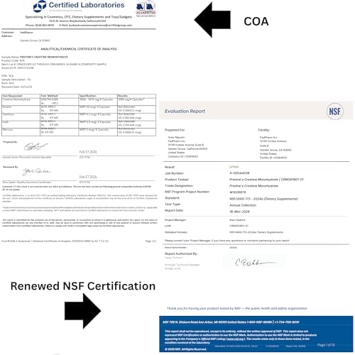 Cápsulas de Creatina Monohidratada PRISTINE para Mujeres y Hombres - Certificadas por NSF, Suministro para 75 Días, 3G por Porción - Soporte para - imagen 8