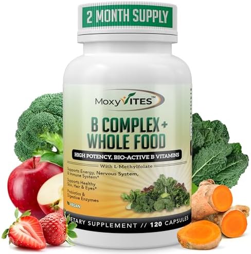 MoxyVites Complejo de Vitaminas B - Suplemento Vegano de Alimentos Integrales, B12 Methylcobalamin, 120 Cápsulas para Estrés, Energía y Soporte - imagen 1