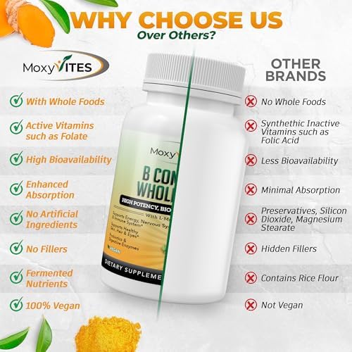MoxyVites Complejo de Vitaminas B - Suplemento Vegano de Alimentos Integrales, B12 Methylcobalamin, 120 Cápsulas para Estrés, Energía y Soporte - imagen 4