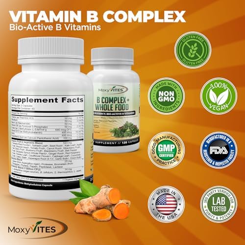 MoxyVites Complejo de Vitaminas B - Suplemento Vegano de Alimentos Integrales, B12 Methylcobalamin, 120 Cápsulas para Estrés, Energía y Soporte - imagen 6