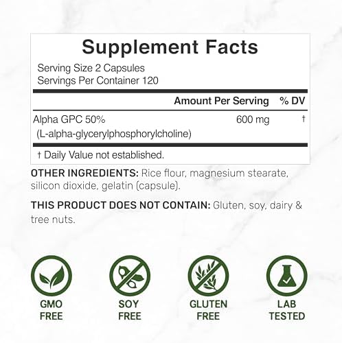 Suplemento DEAL Alpha GPC 600 mg por Porción, 240 Cápsulas – Suplemento de Colina Alpha GPC – 120 Porciones – Sin OGM, Sin Gluten - imagen 2