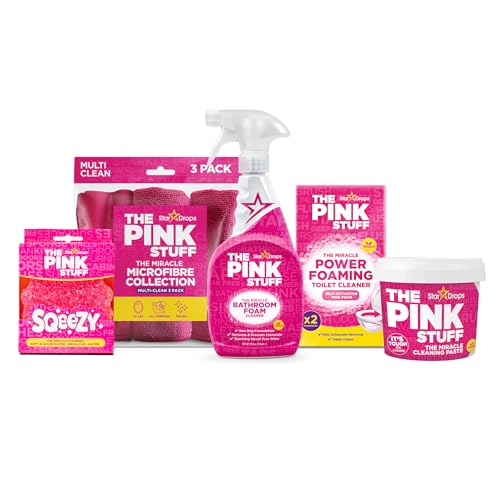 Stardrops - Kit de Limpieza para Baño The Pink Stuff – Pasta Limpiadora, Spray Espumoso, Polvo para Inodoro, Esponja SQeeZY y 3 Paños de Microfibra – - imagen 3